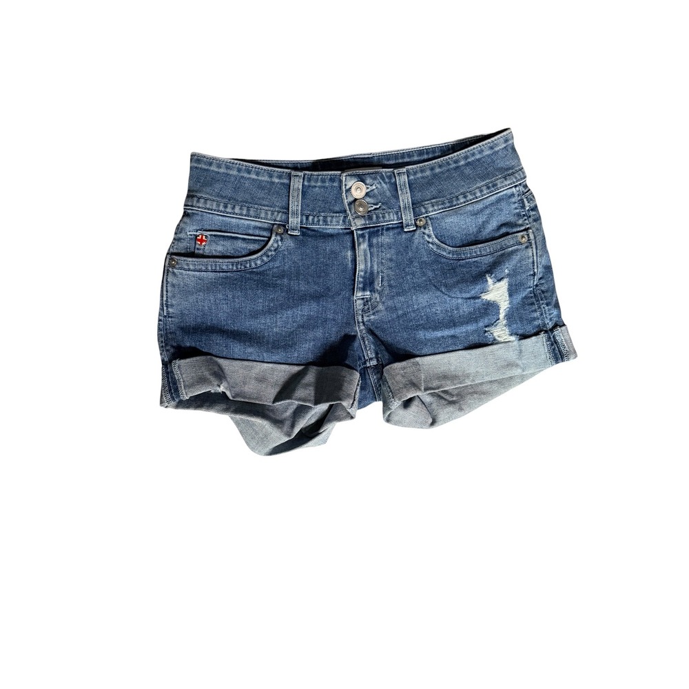 Hudson Ruby Mid Thigh Denim Shorts Size 26 Medium Wash Blue Distressed Cuffed
